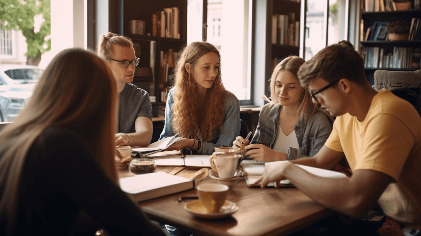 People learning German in a cafe